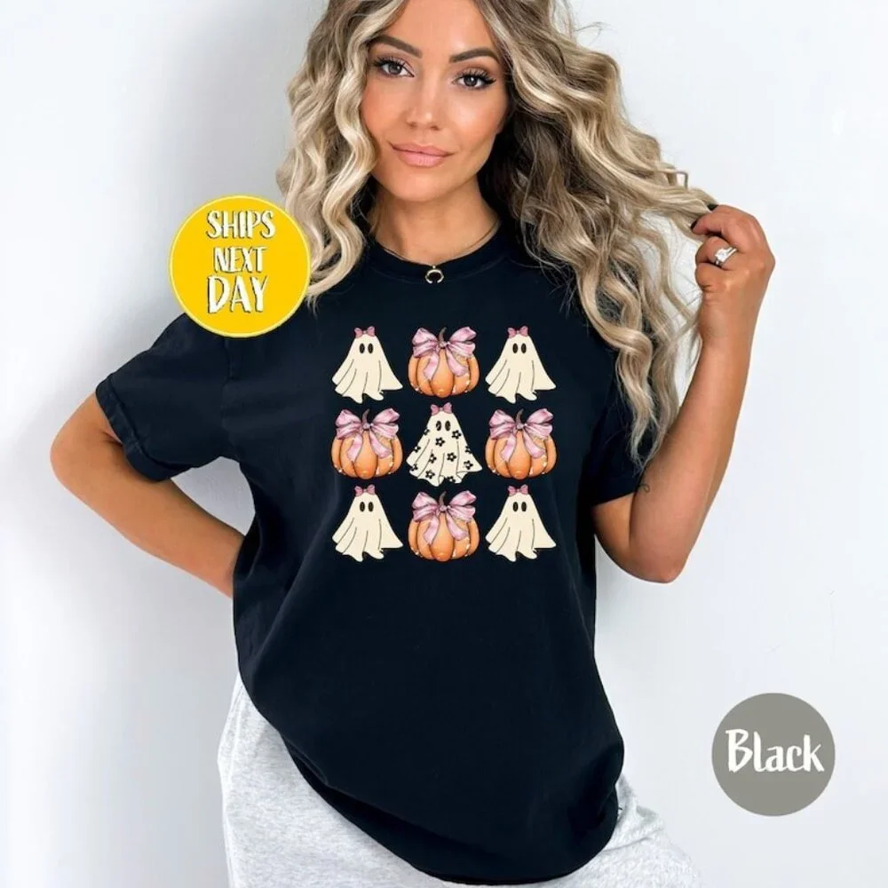 Coquette Halloween Pumpkin Bow T-Shirt, Cute Halloween Ghost Pumpkin T-Shirt - Picture 1 of 4